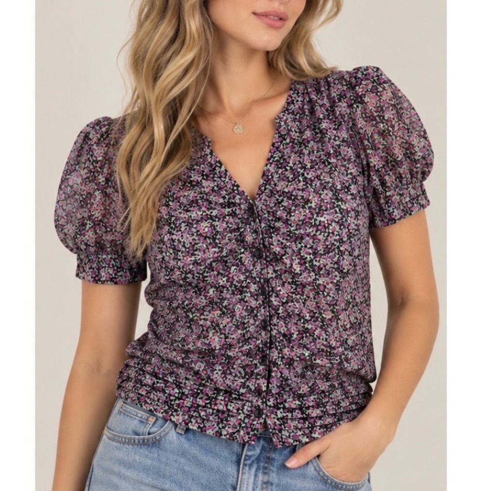 Pins & Needles Urban Outfitters Floral Ruffle Button Up Blouse Small Purple Vtg